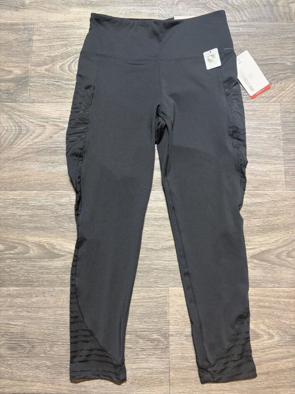 Marika High Waisted Ruched Active Leggings Small Black Side Mesh Panel Pockets